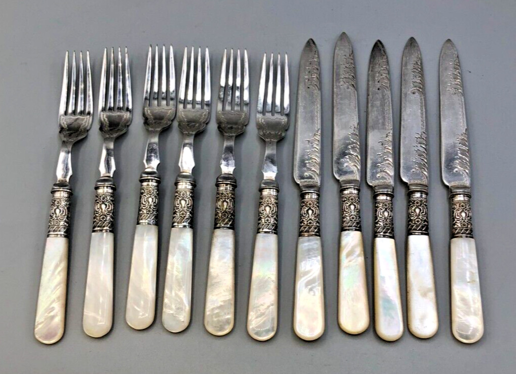 Set of Antique Dessert Knives and Forks, Mother of Pearl, with Sterling bands