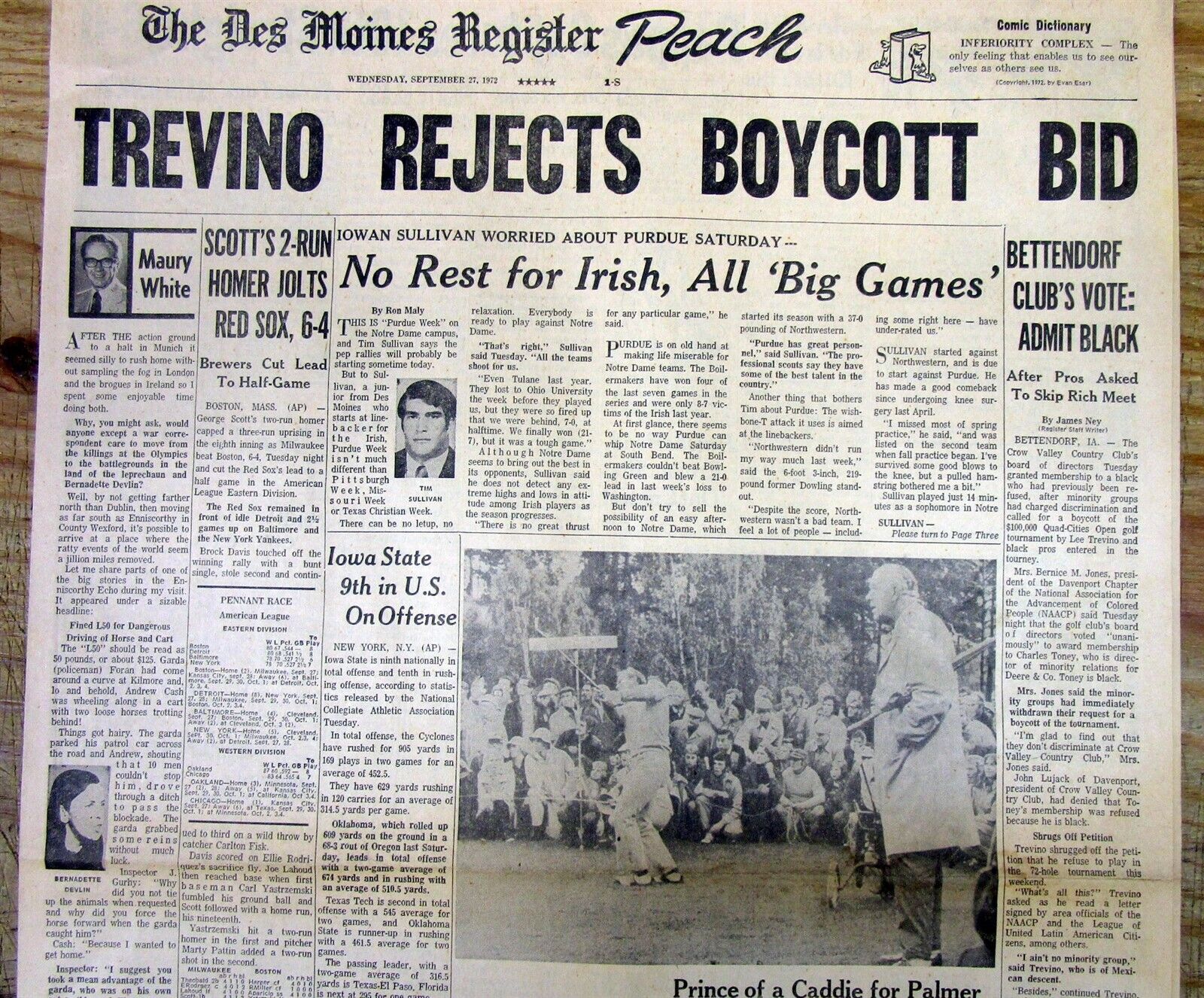 1972 newspaper IOWA GOLF CLUB ADMITS 1st NEGR0 after LEE TREVINO BOYCOTT threat