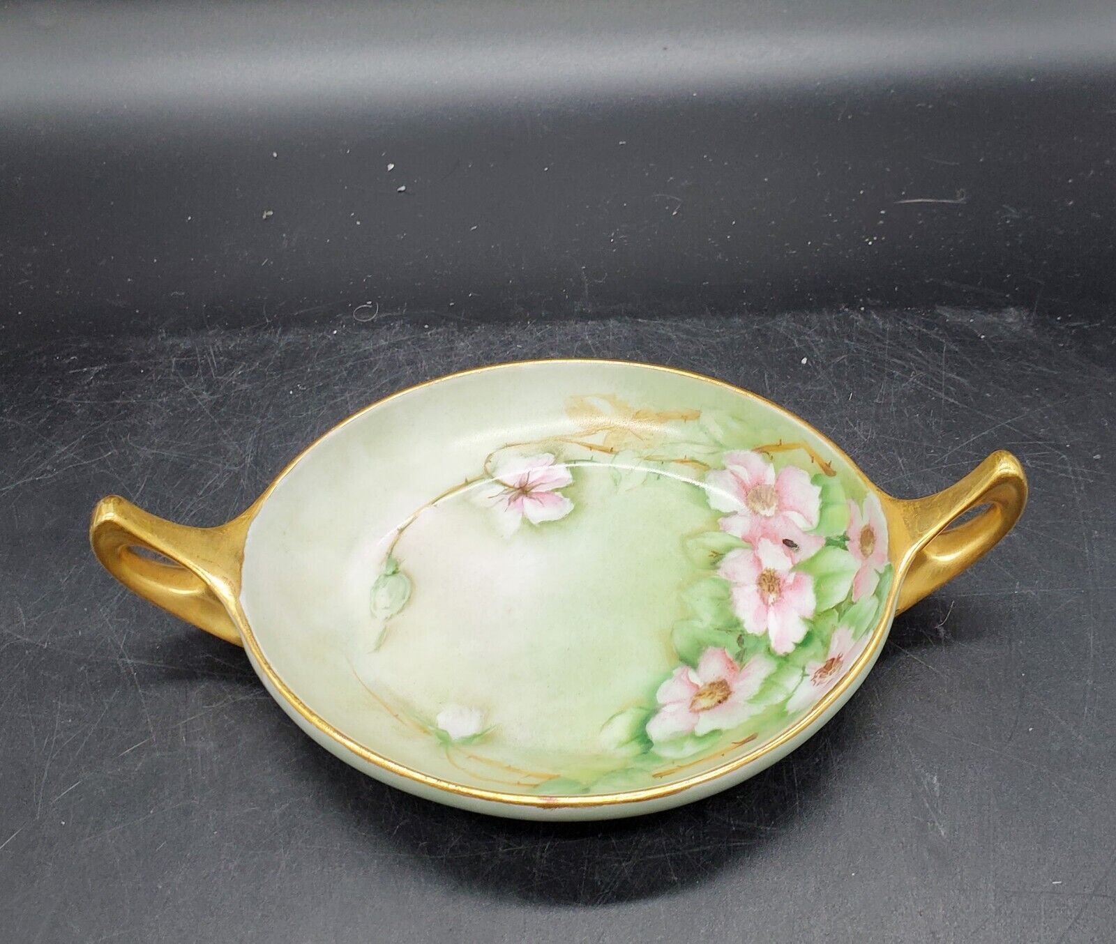 Antique Royal Austria Porcelain Trinket Dish Hand Painted  Flowers Handle Signed