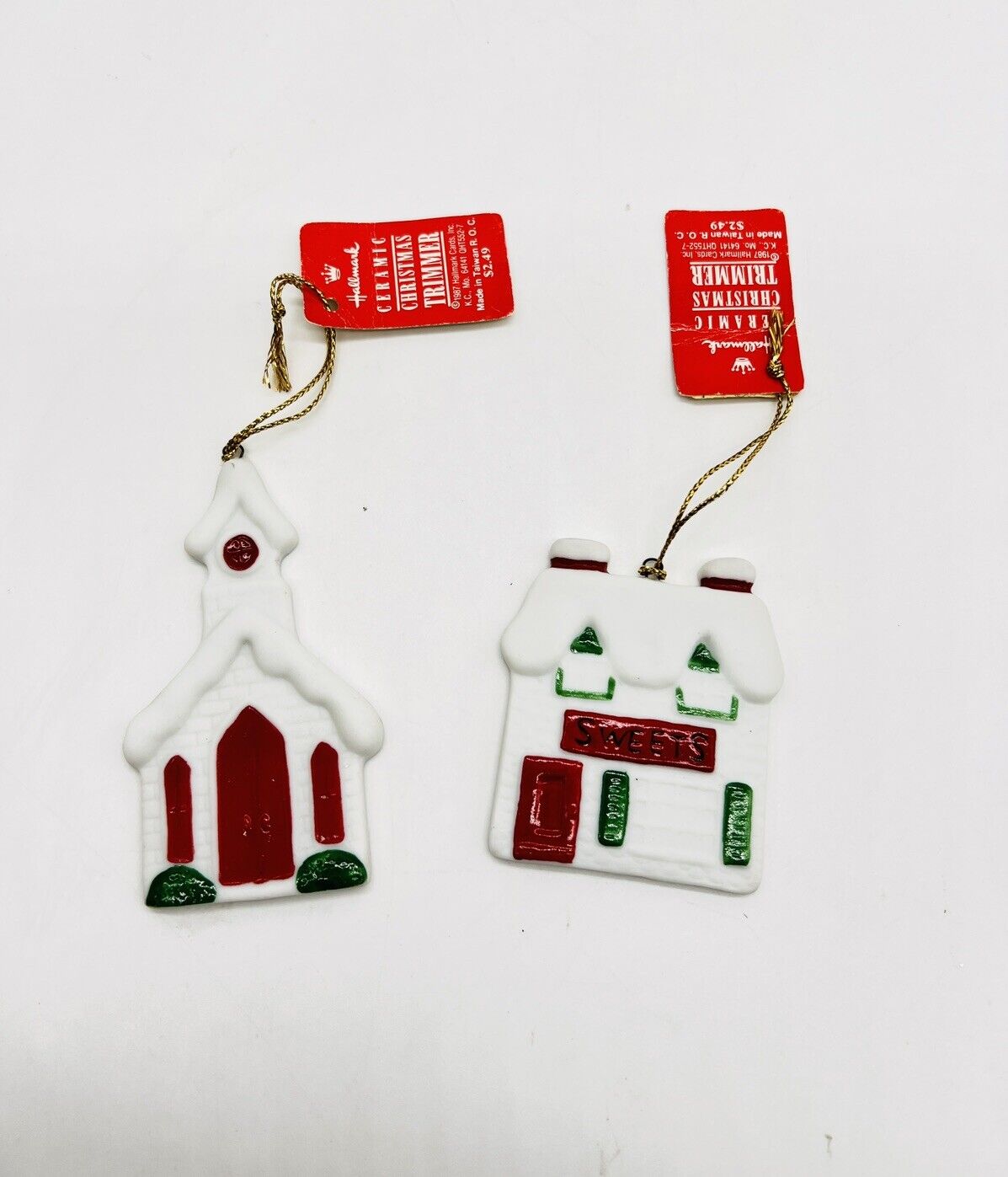 Vintage Hallmark Ceramic Christmas Trimmer Village Ornament Church & Sweets 1987