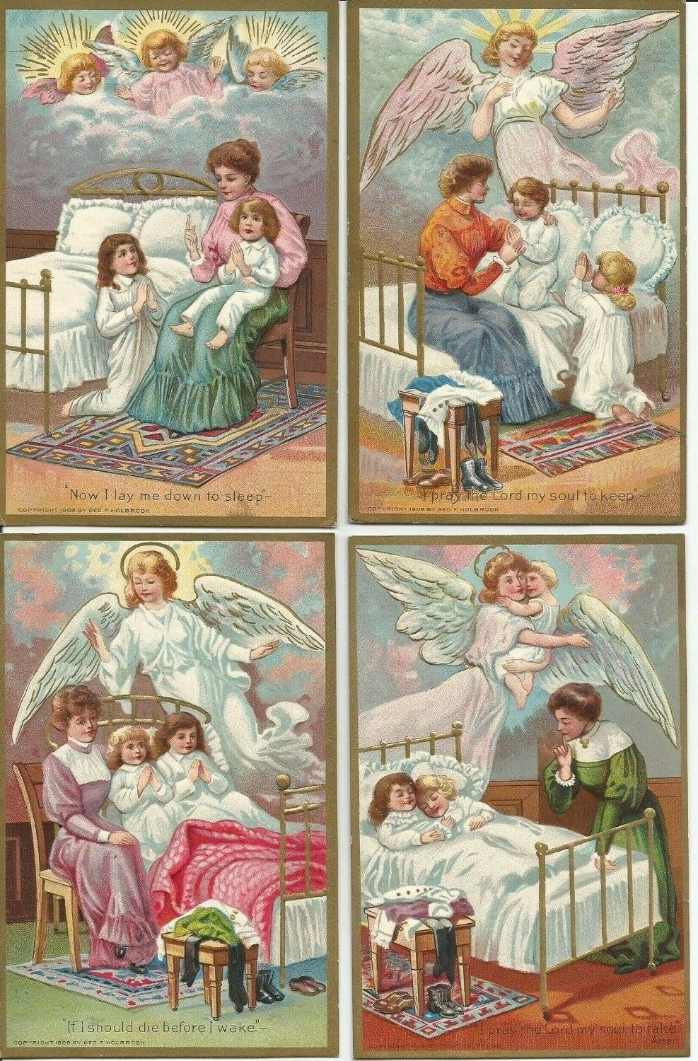 LOVELY COLORFUL EARLY SET OF 4 GEORGE F. HOLBROOK BEDTIME PRAYER POSTCARDS