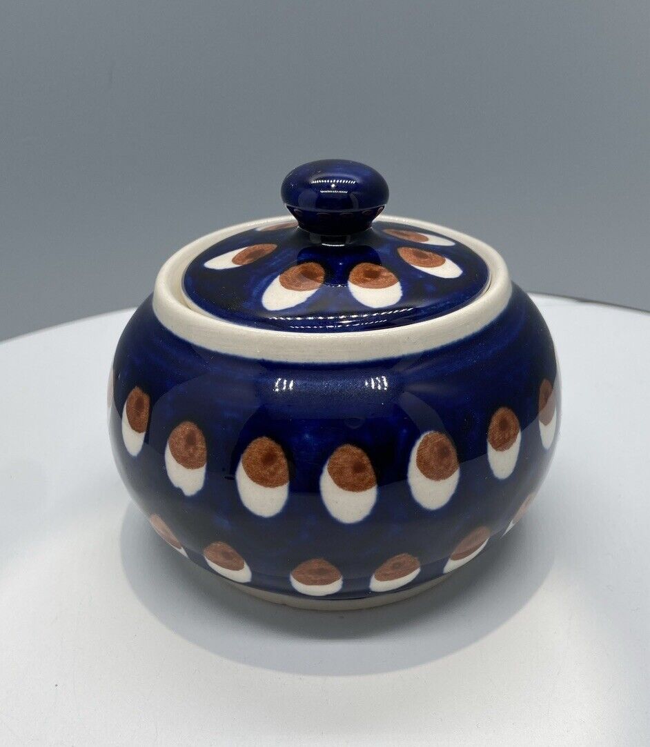 Boleslawiec Polish Pottery Sugar Bowl Cobalt Blue/Brown Circle Pattern (Marked)