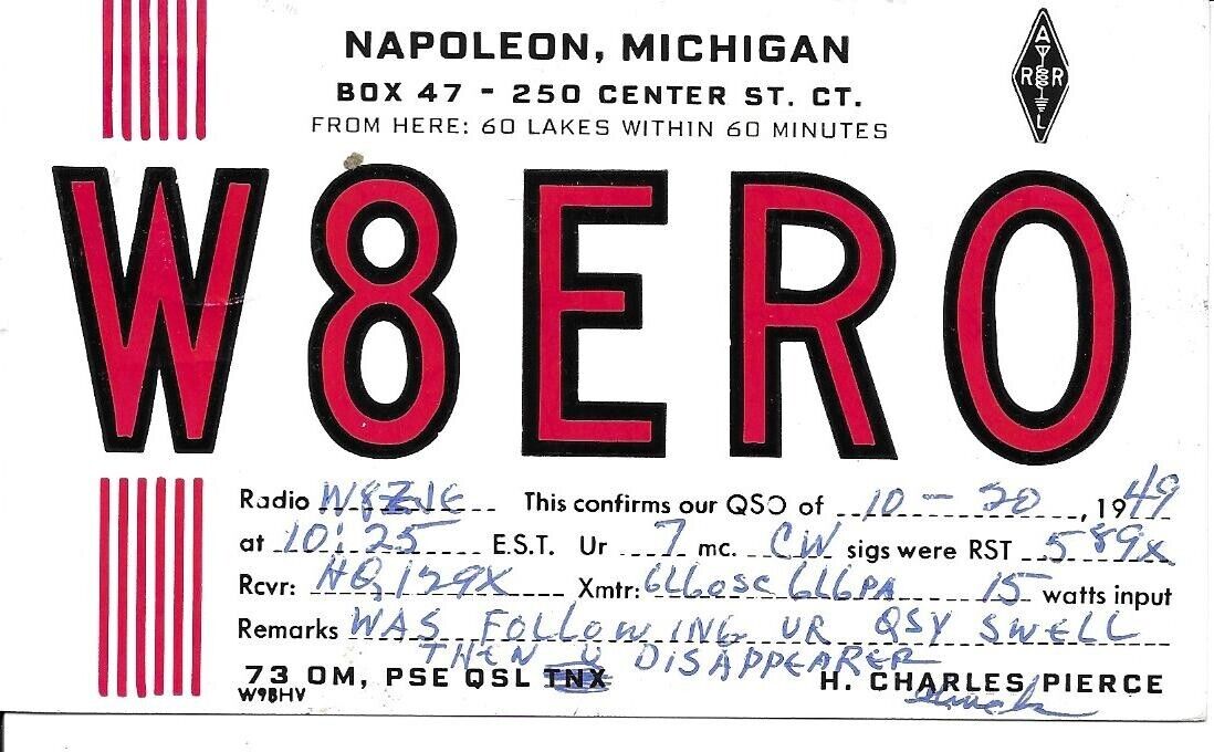 QSL  1949 Napoleon Michigan   radio card