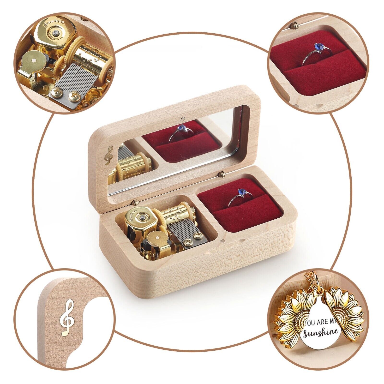 BEECH WOOD  RING JEWELRY WIND UP MUSIC BOX : ♫  CLAIR DE LUNE DEBUSSY    ♫
