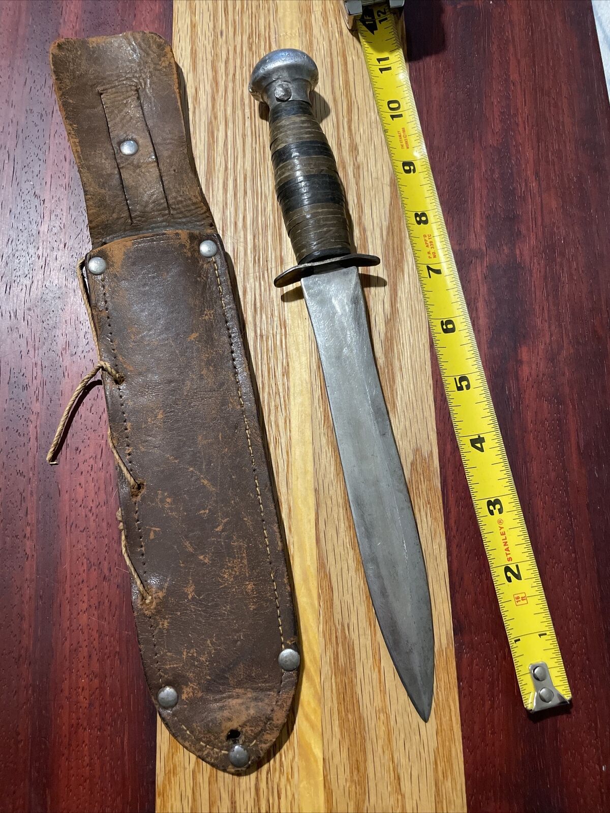 WWII Vintage Handmade Custom Theatre Knife Leather Stacked Dagger & Sheath USA