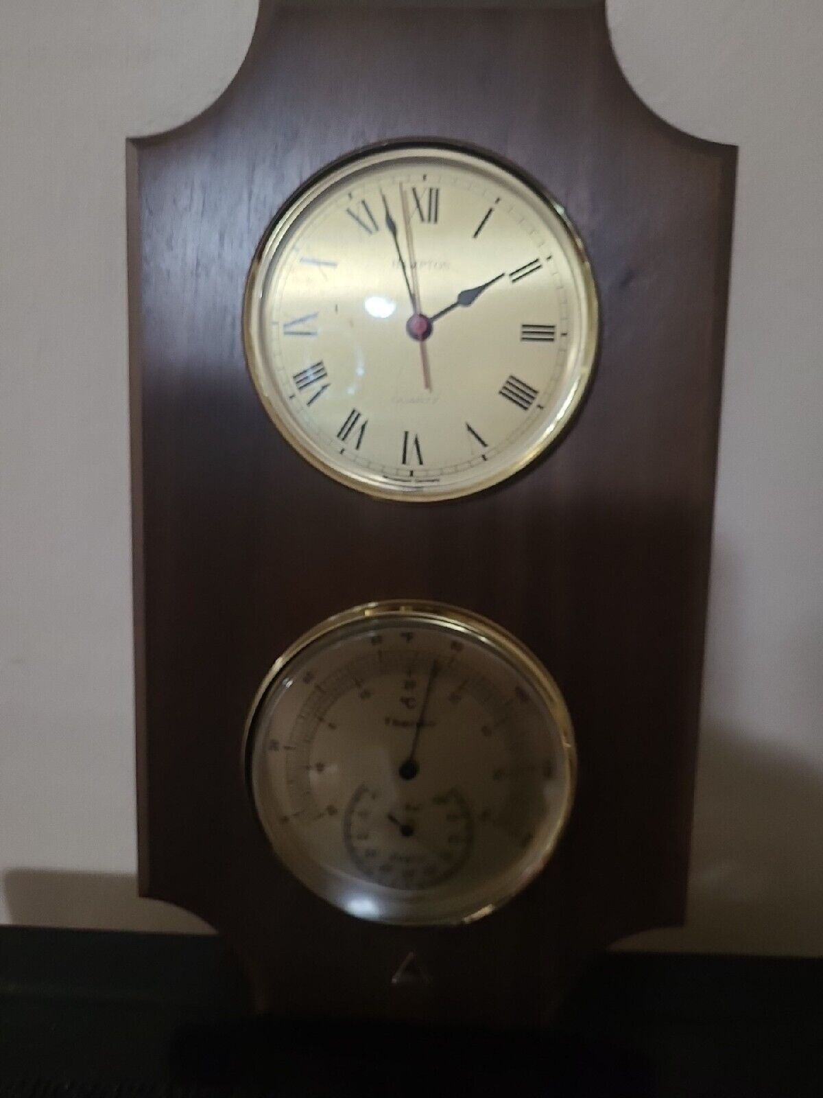 Vintage Hampton Hanhart MCMS Wall Hanging Quartz Clock & Thermometer Wood Brass