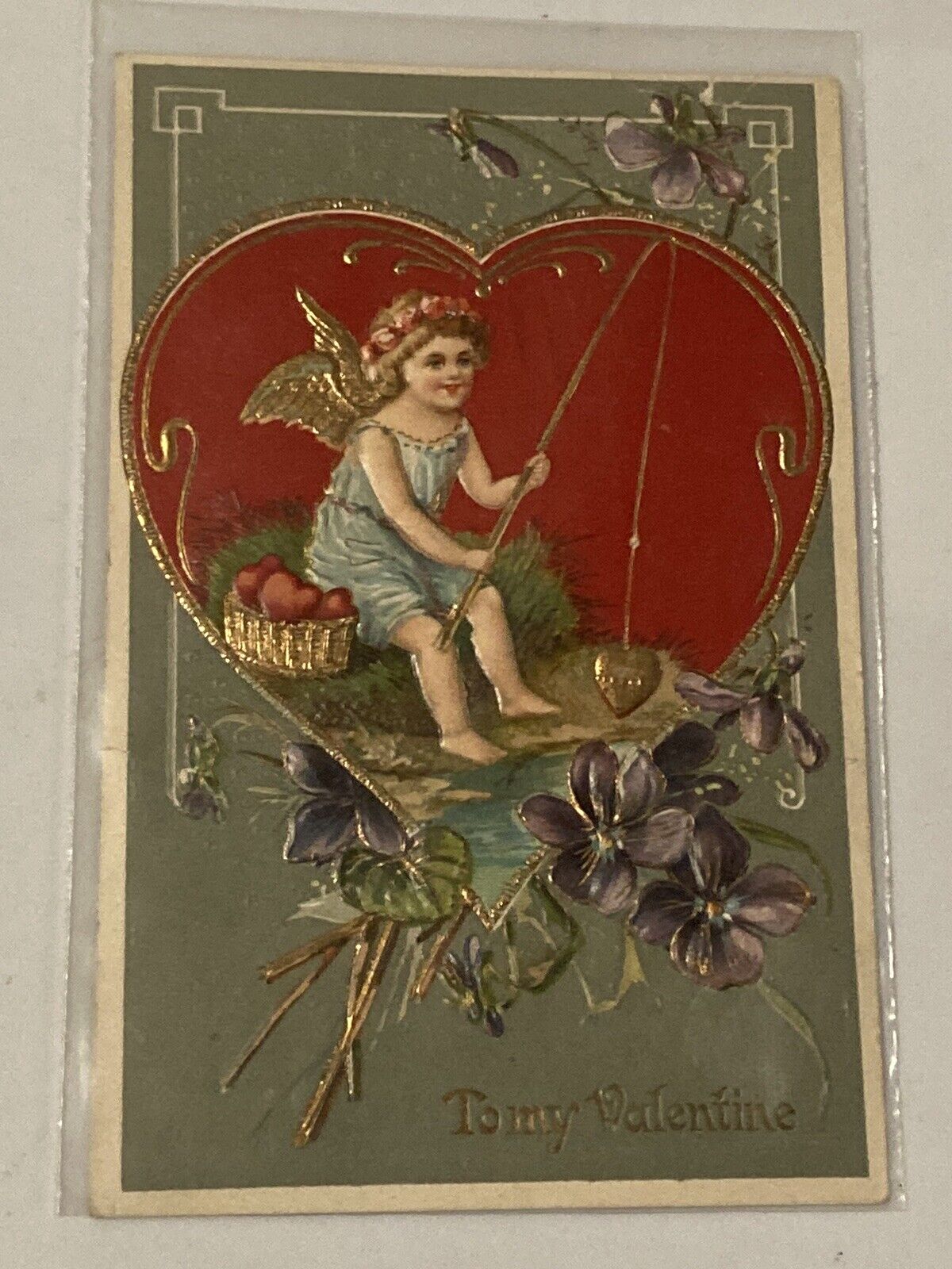 1909 Cute Cherub Cupid Fishing With Hearts Valentines Day Postcard Gold Gilt