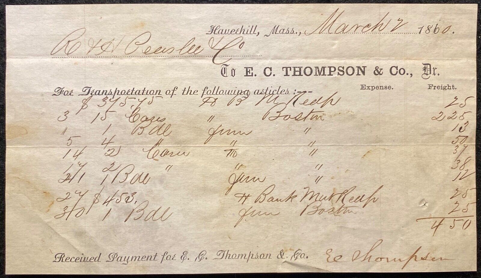 1860 *PRE CIVIL WAR* ~E. C. THOMPSON & CO.~ HAVERHILL, MASS. TRANSPORT. RECEIPT