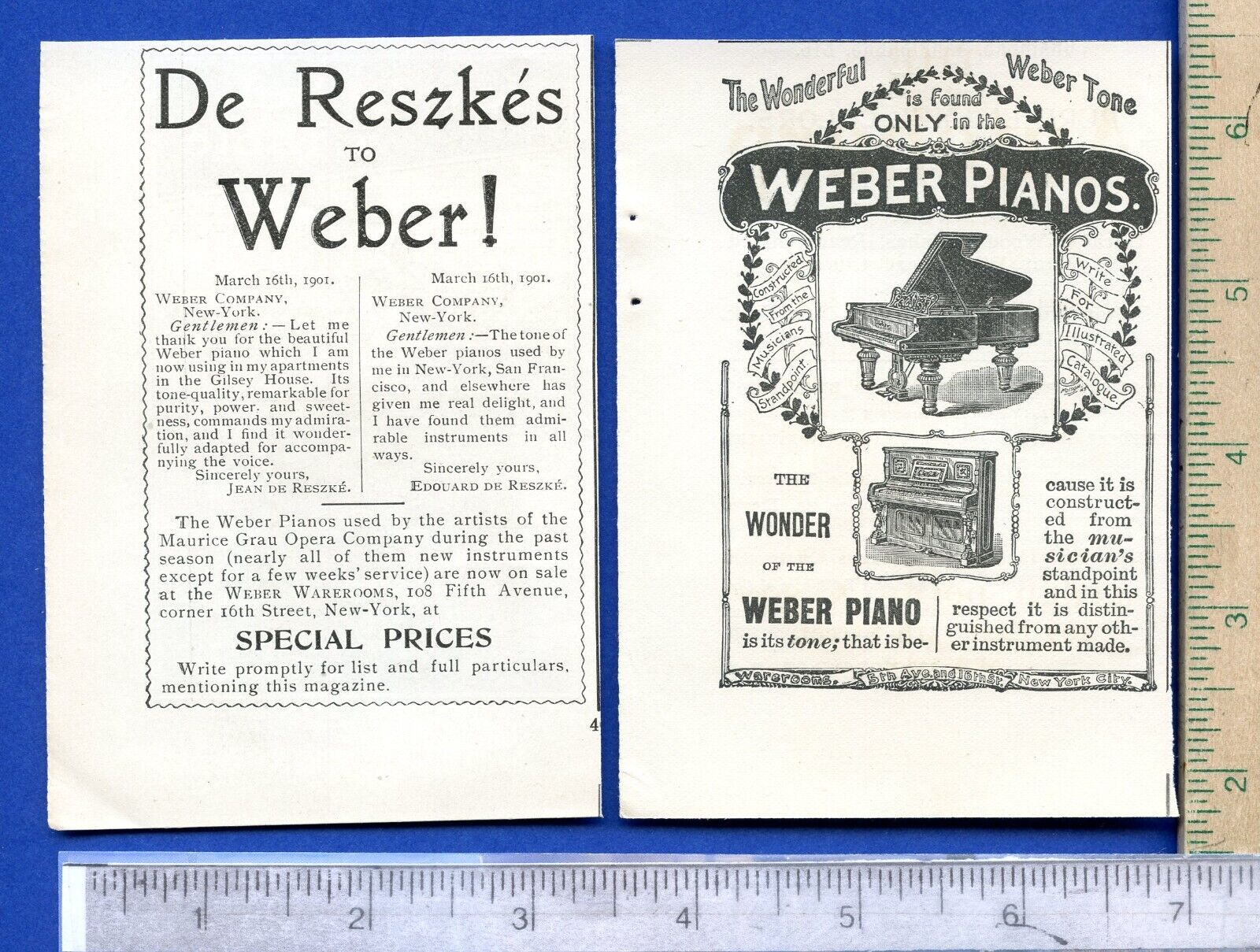 TWO scarce original antique (1895 & 1901) Weber Pianos Magazine Print Ads
