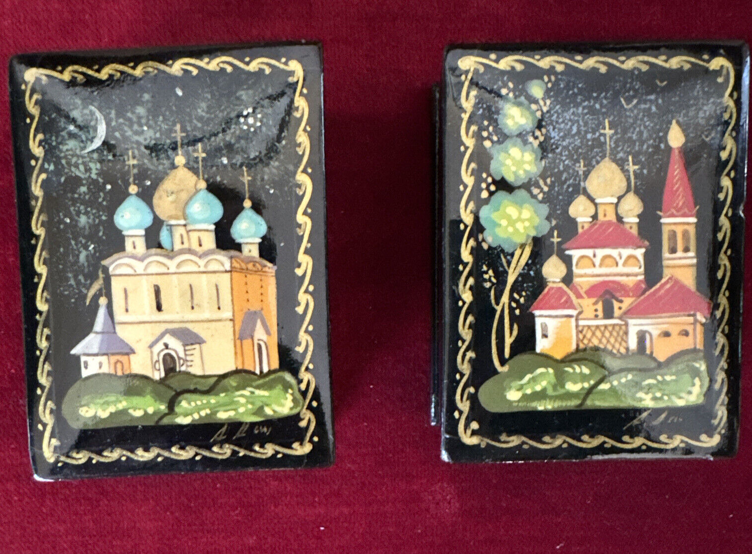 Two Signed Russian Trinket Box Hand Painted Lacquer Hinged Rectangle Vintage2x3”
