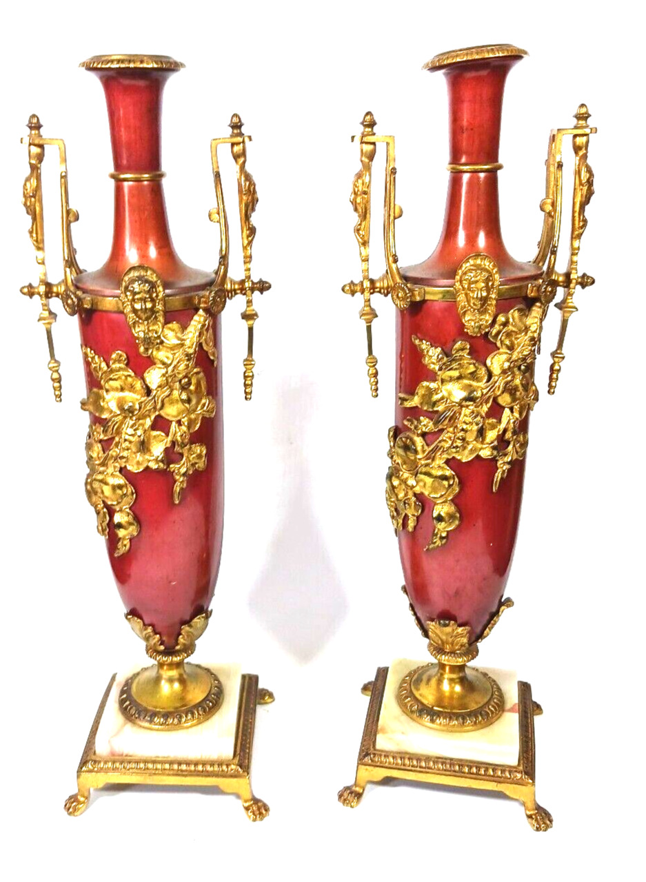Antique Pair French Ormolu Gilt Red Bronze Floral and Face Urn Candlesticks