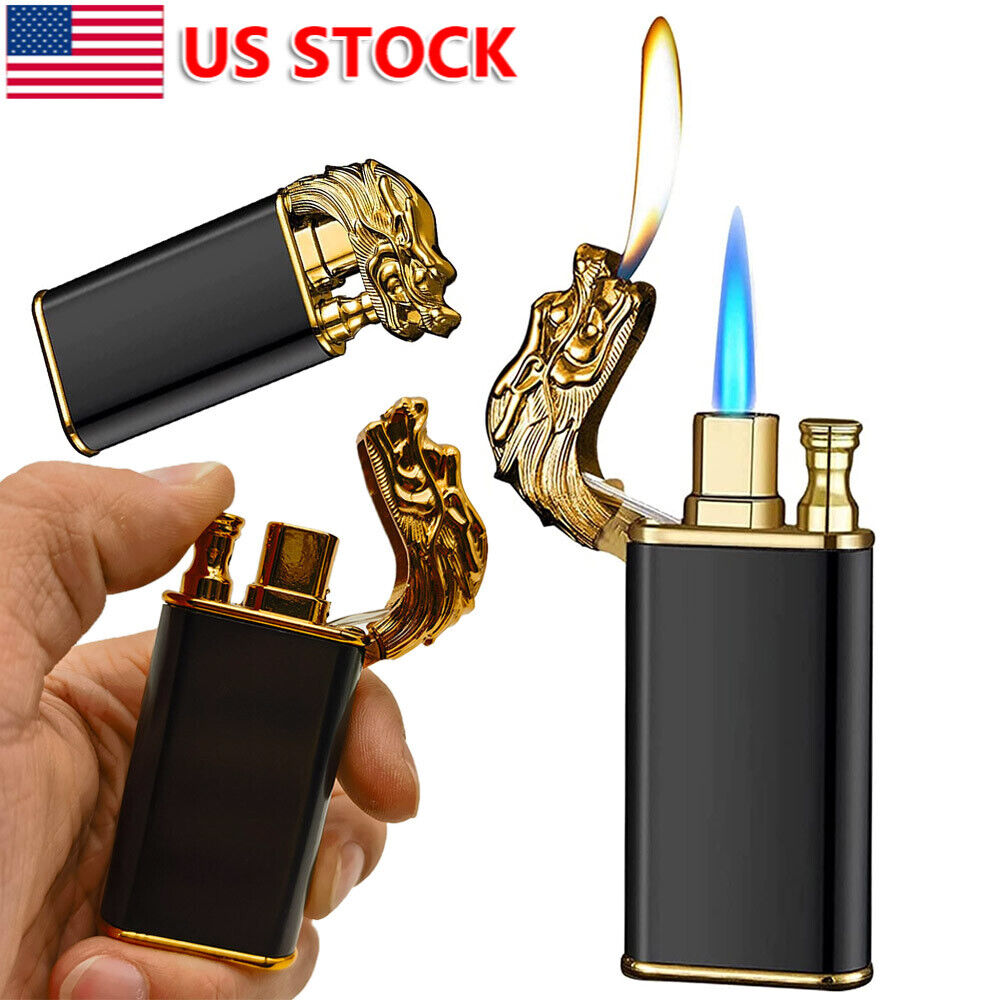 Novelty Dual Flame Black Gold Dragon Lighter Jet Windproof Metal Slim USA Seller