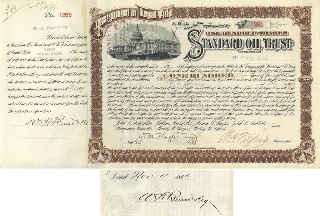 Standard Oil Trust signed by Henry M. Flagler and William H. Beardsley - 1897 da