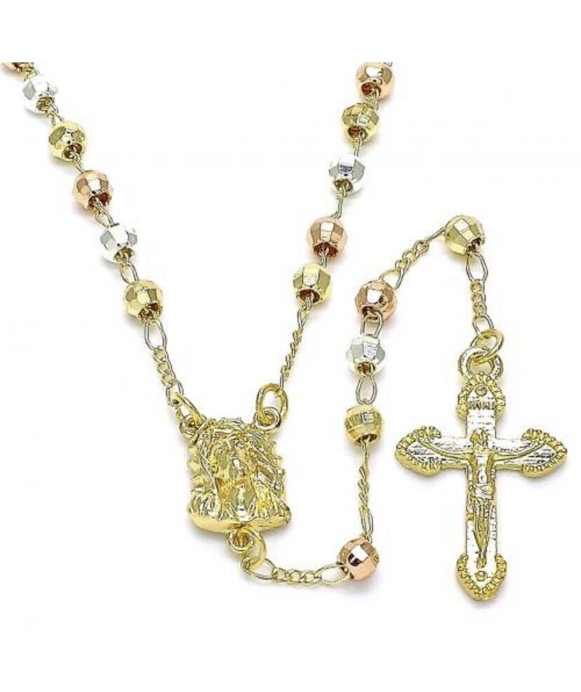 BEAUTIFUL TRICOLOR  18K GOLD OVER SILVER  ROSARY NECKLACE