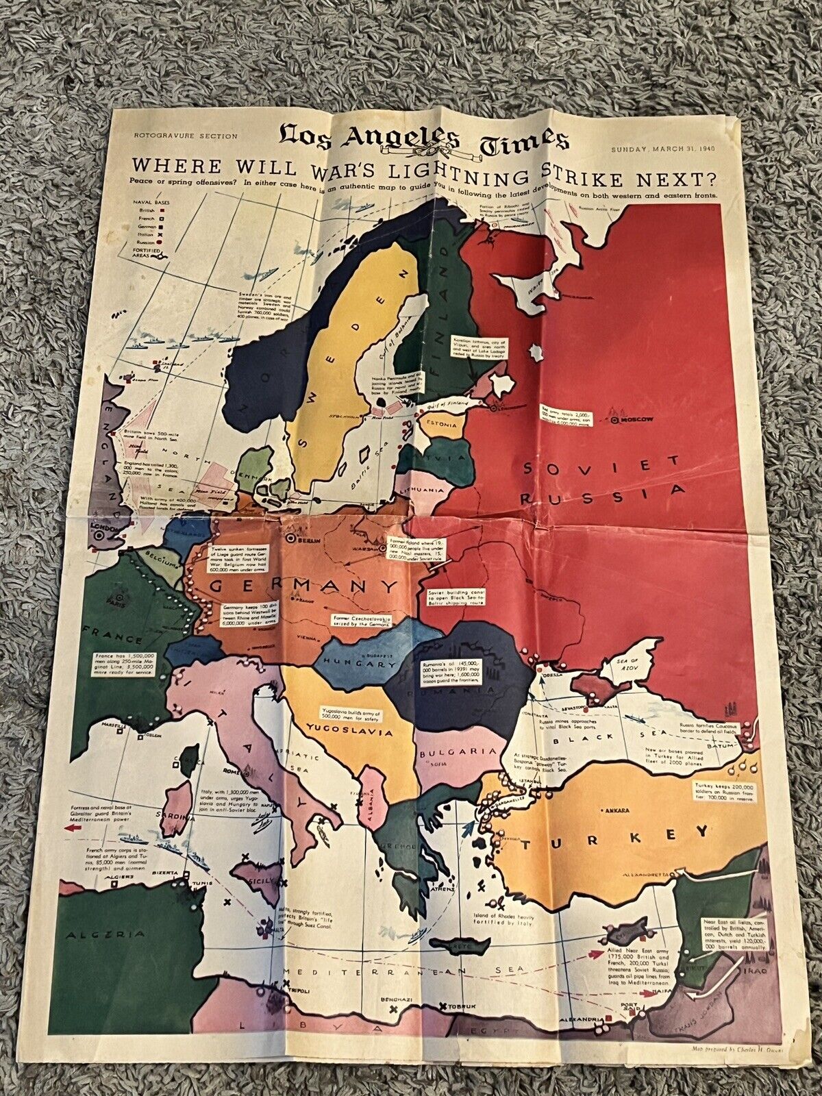RARE WWII 1940 LOS ANGELES TIMES FULL-COLOR FRONT PAGE EUROPE MAP GERMANY ATTACK