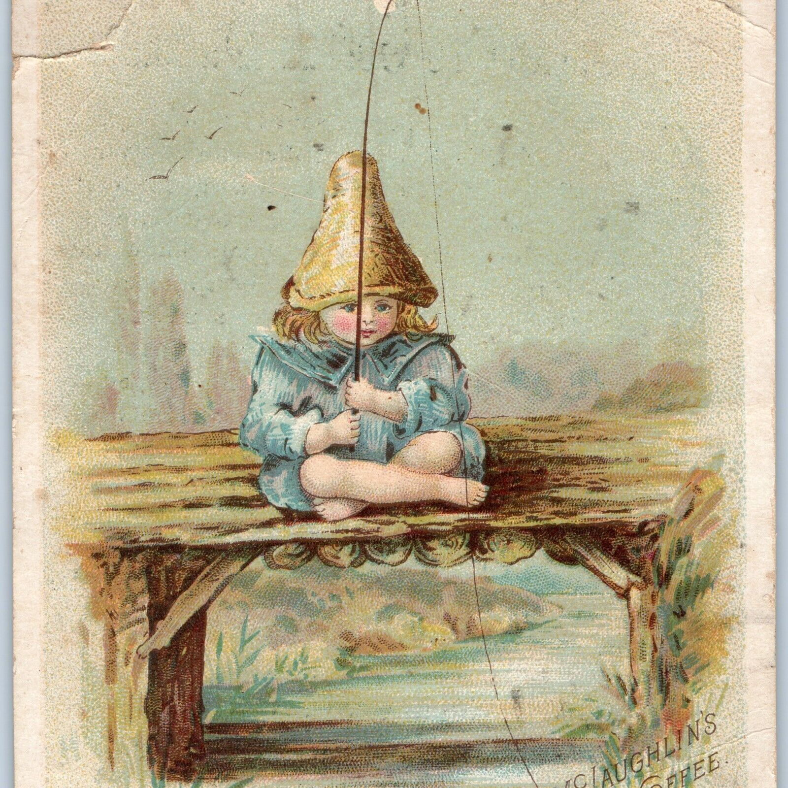 c1880s McLaughlin\'s XXXX Coffee Fishing Trade Card Cute Girl Gnome Hat Rare 3M