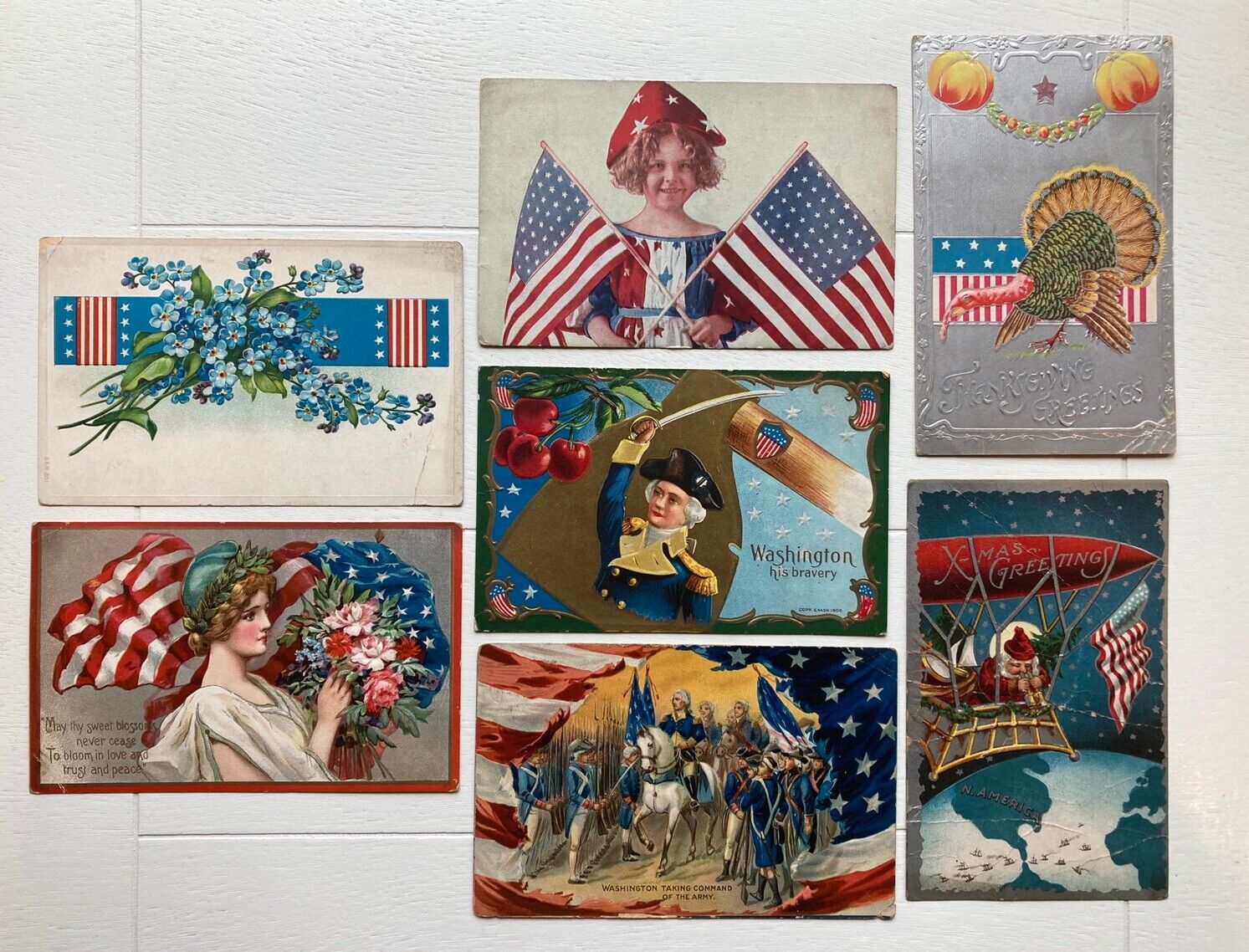 Lot of 7 Vintage Patriotic USA Postcards 1900-1911. Old Glory Holidays