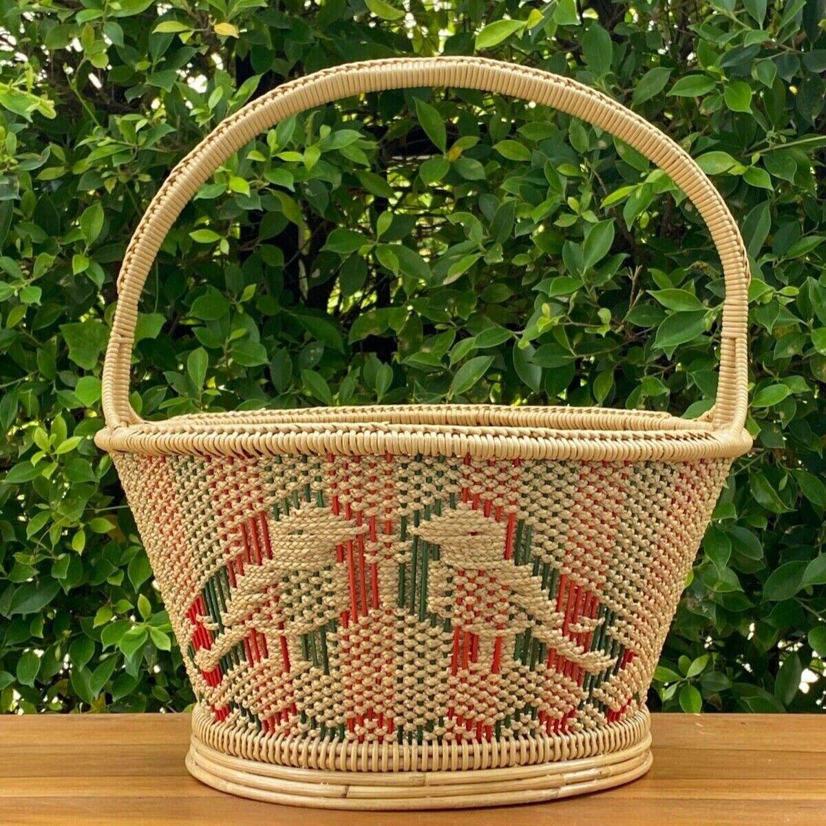 Thai Jungle Birds Basket: Hand-Woven Bamboo and Rattan Traditional Thai Patterns