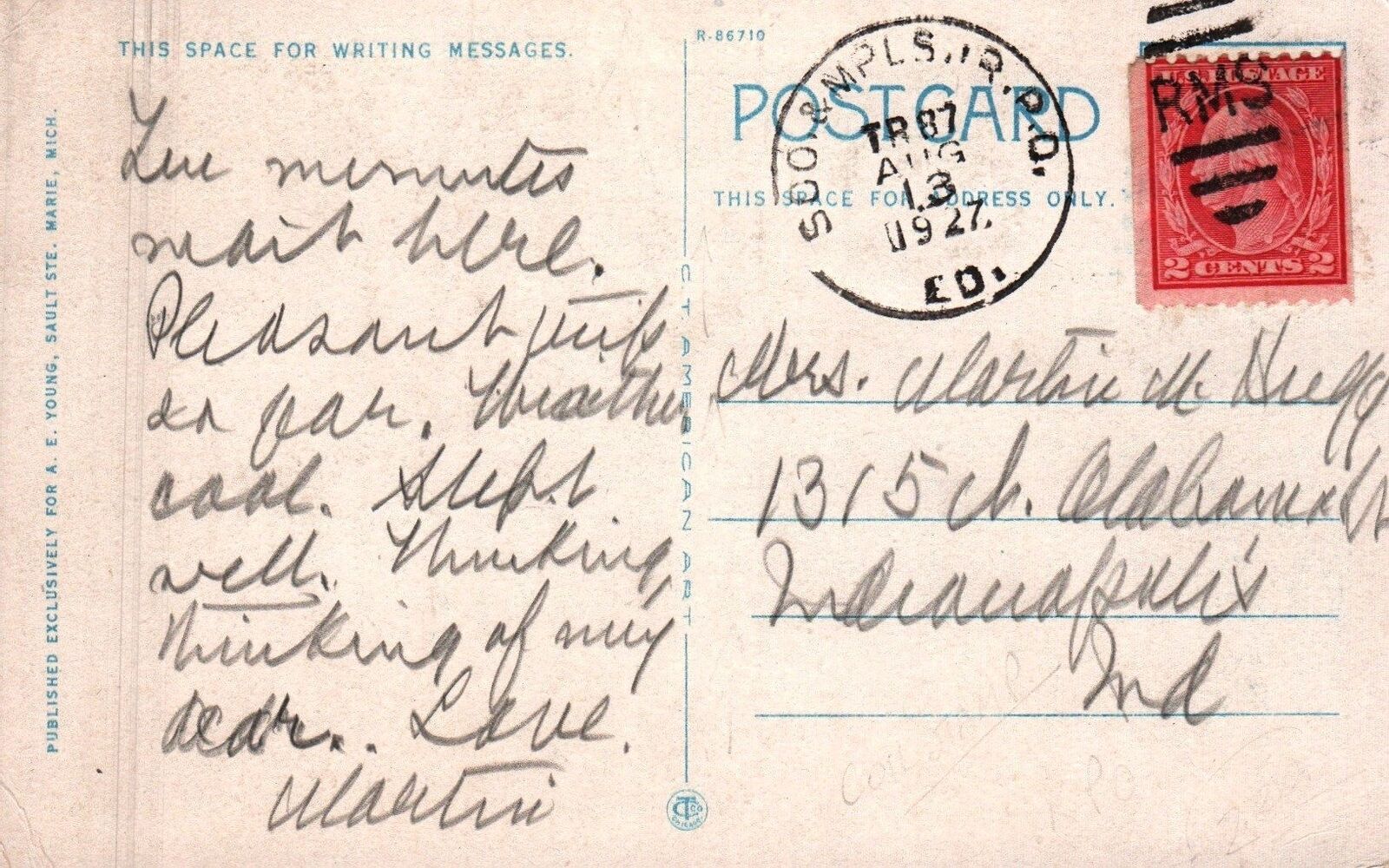 1927 Sc 487 used on post card Sault Rapids Soo Michigan MI