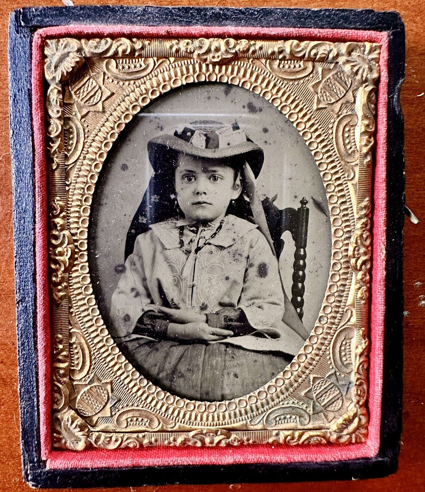 Little Girl in Summer Hat 1/9 Plate Tintype in Case Civil War Era 1860s Sick?