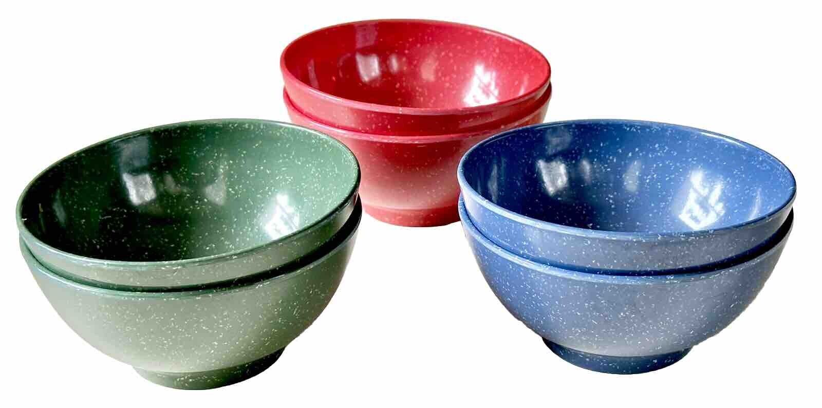 Set Of 6 Vintage Melamine Soup / Cereal Bowls-Speckled Red, Green & Blue