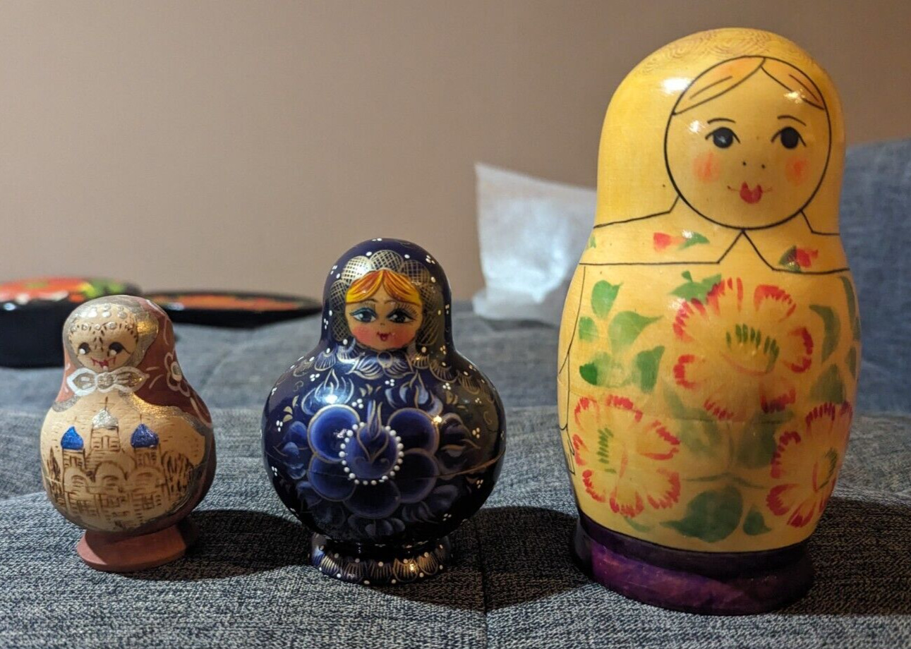 Vintage Soviet Matryoshka Hand-Painted Wood Nesting Dolls, 2+ Sets, made in USSR