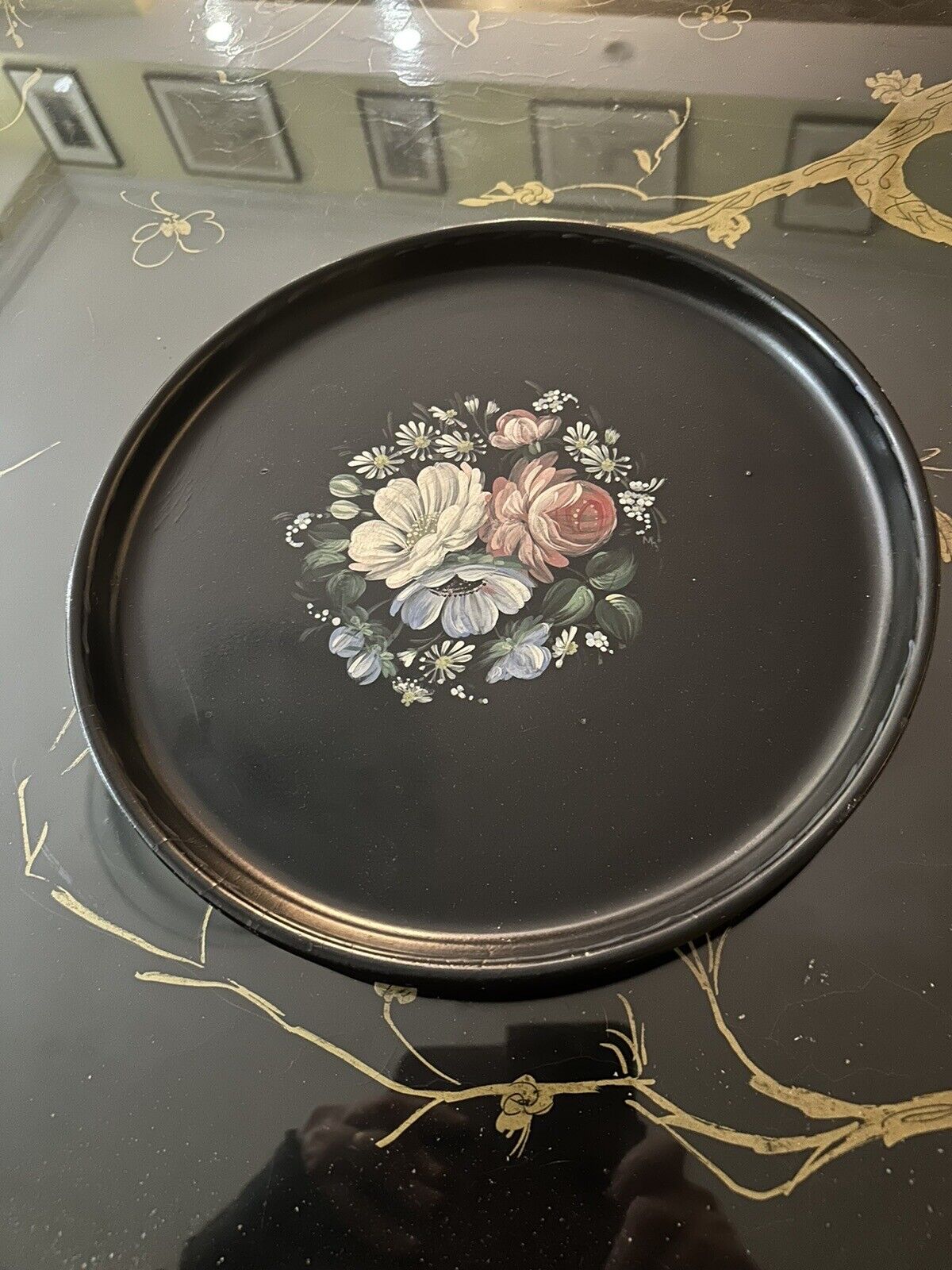 Antique Victorian papier-mâché black tray with hand-painted  floral motif