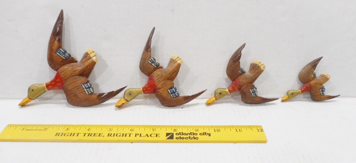 Mid Century Set of 4 Wooden Flying Ducks Hand Carved & Hand Painted Signed