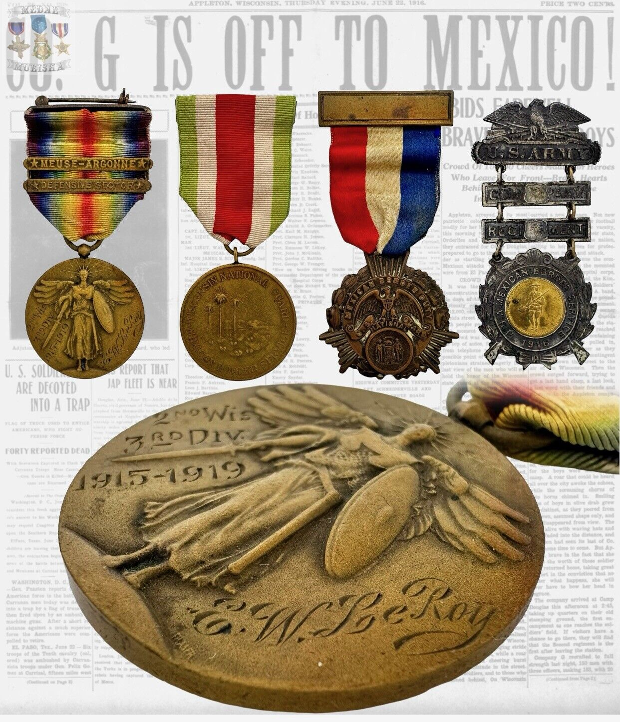 NAMED WWI ARMY VICTORY MEDAL GROUP SGT. MAJOR EMMONS W. LEROY ENGRAVED +RESEARCH