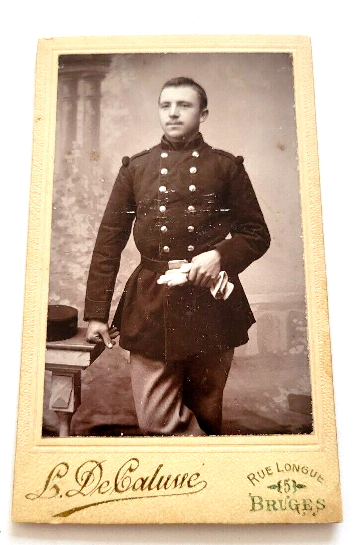 1900s French Soldier in Uniform Holding White Gloves CDV Card Military Photo