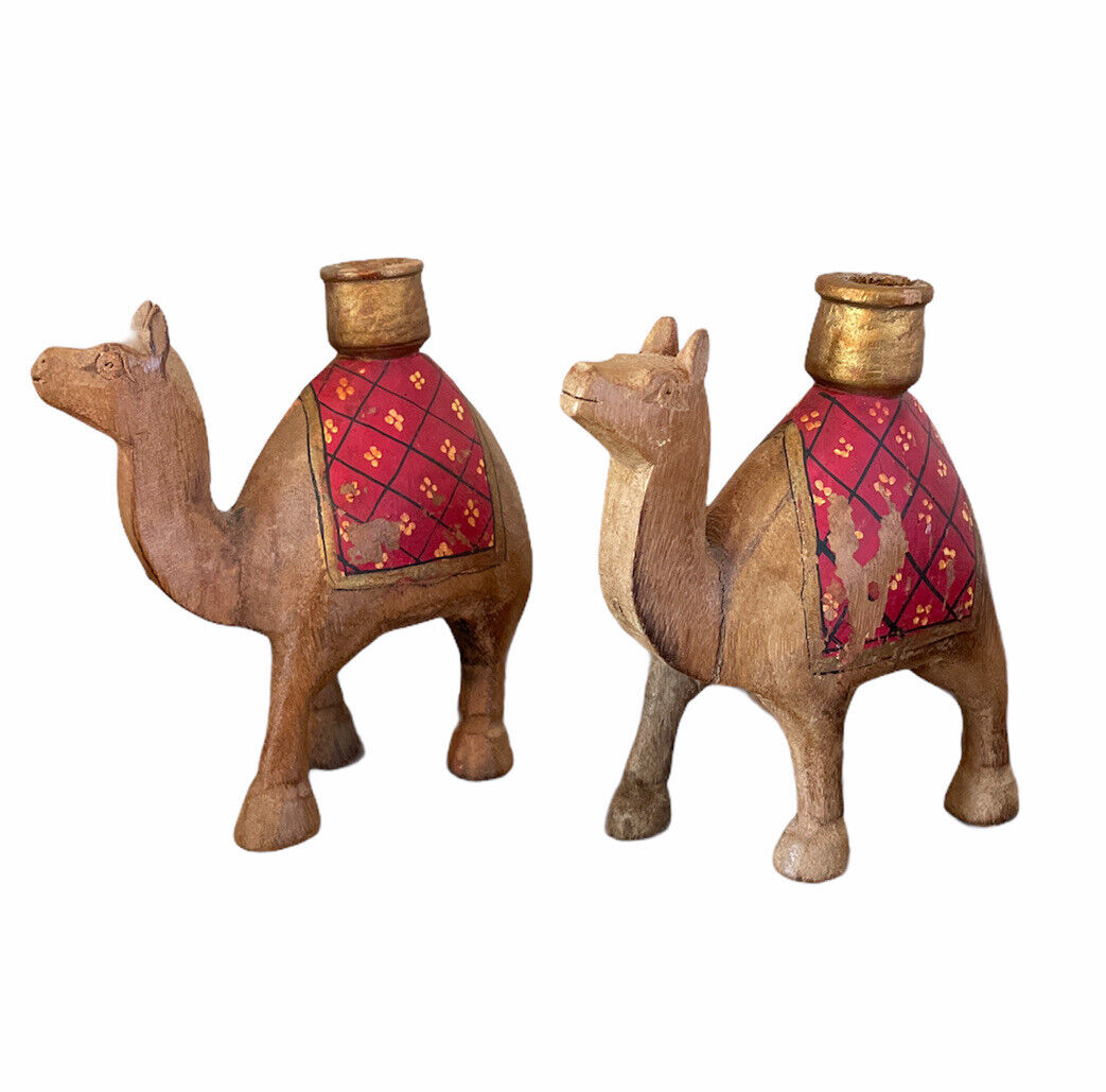 Pair of Carved Wood Candlestick Candle Holders Camels Red Robe Set Of 2 4.5”