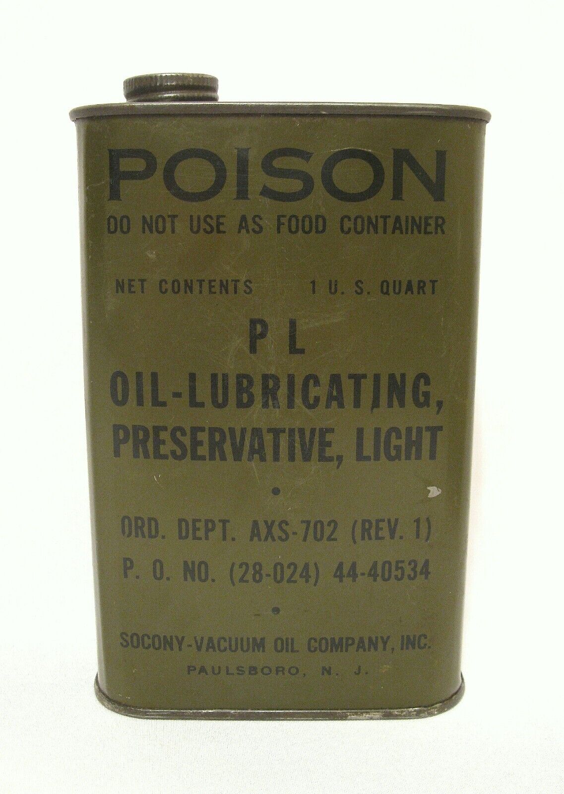 WW2 US Army USMC One Quart Oil Can Preservative Light Dated 1944 WWII EXC COND