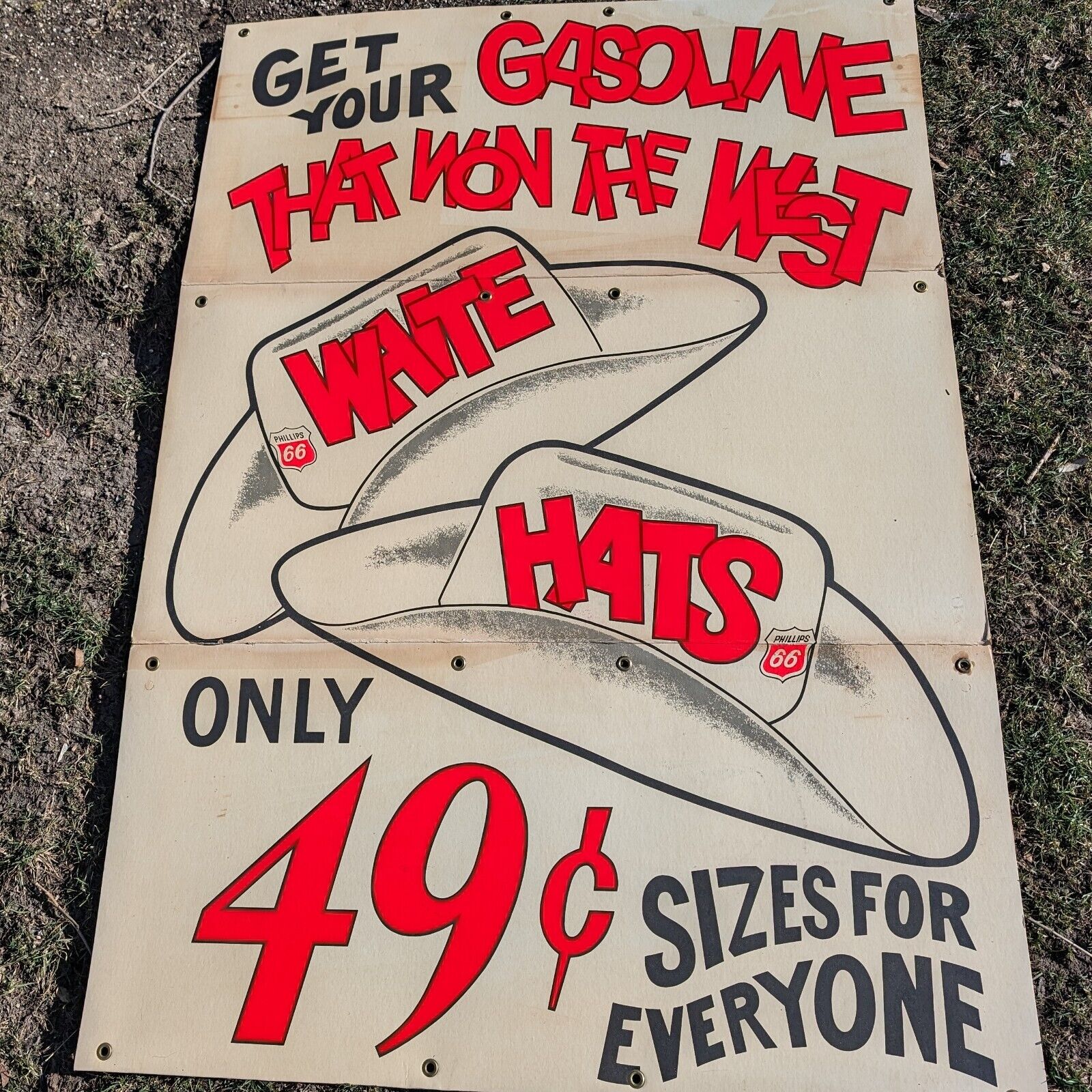 NOS 1966 Phillips 66 Gasoline White Hat Promo Sign - Vintage Original Gas 