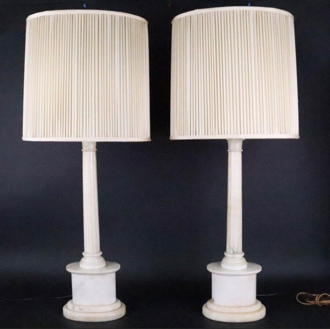 Pair Of Vintage White Marble Lamps With Original Shades Hollywood Regencey 1940'