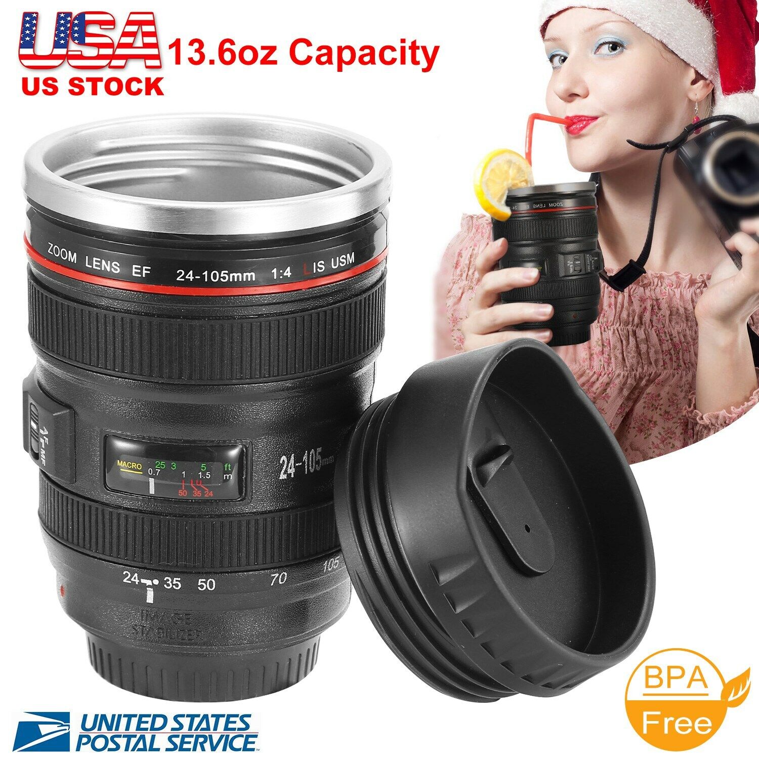Camera Lens Coffee Mug Cup 24-105 Travel Stainless Steel Leakproof Lid Insulated