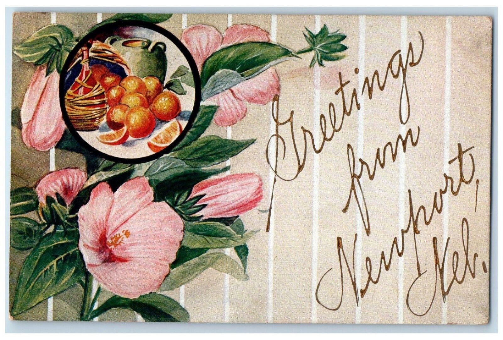 c1910 Greetings From Newport Glitter Hibiscus Flower Nebraska Vintage Postcard