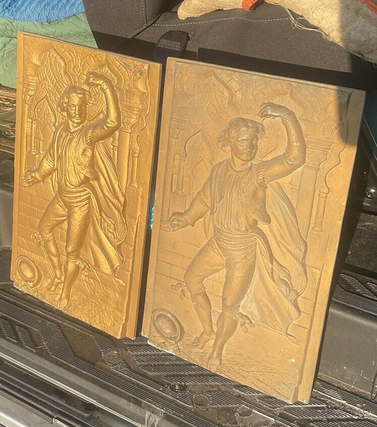 Pair Large Relief Panels Man Dancing In Hall Antique Salvage