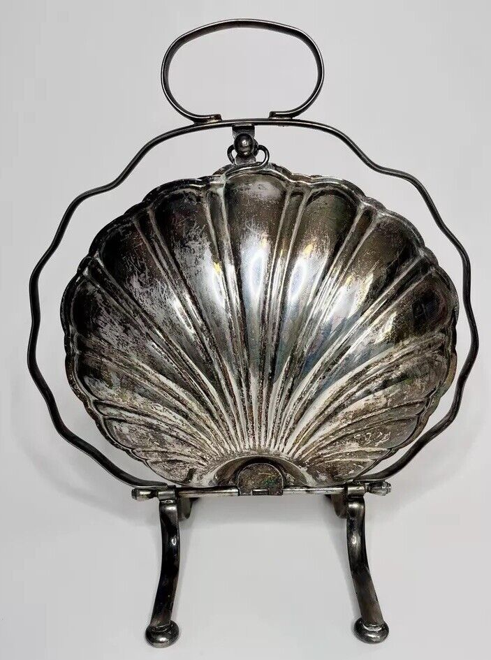Antique English Silverplate Biscuit Box Warmer Shell Shape