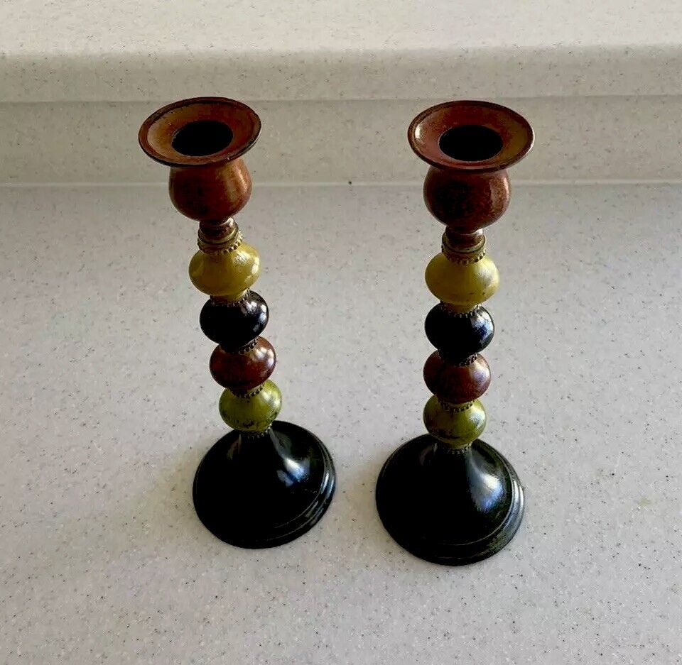 Pier One Candlesticks Pair Imports Set 2 Matching Colorful Candles Beads Tapers