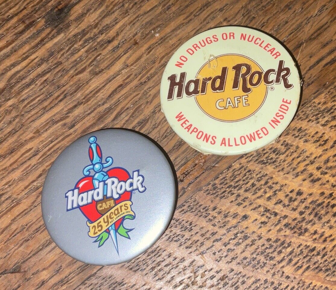 Lot Of 2 Hard Rock Pins, 25 Year Heart/dagger No Nuclear Weapons. 
