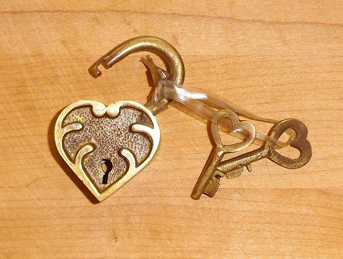 Ornate Heart Lock, Solid Brass with Antique Finish and Two Keys