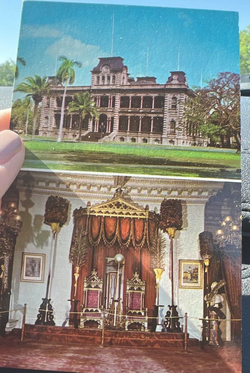 Postcard Hawaii Honolulu Iolani Palace Interior Throne Exterior Split View Vtg