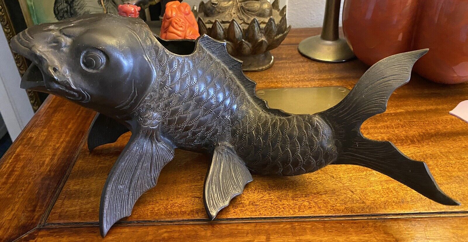 Japanese Bronze Copper Sculpture Fengshui Auspicious Fish Koi 11 1/4”L 6H