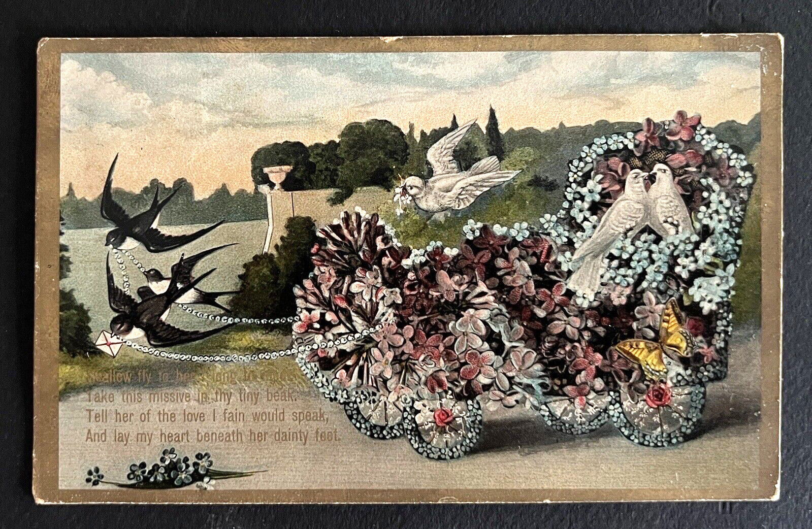 Antique 1909 Artist Postcard Swallow Flower Wagon Poem Sweet Message