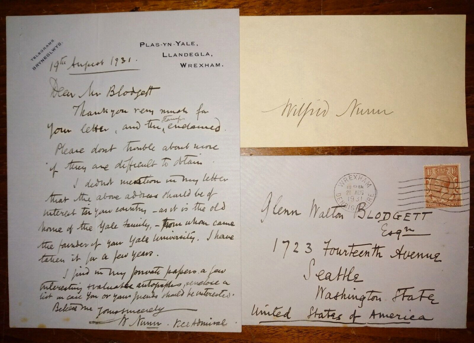 Vice-Admiral Wilfrid Nunn (1874-1956) Autograph AND Signed Letter