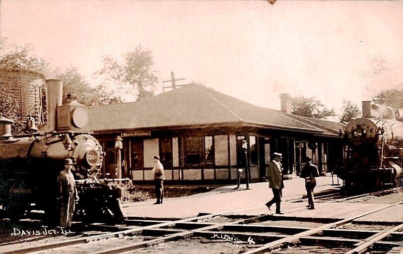 Postcard RPPC Davis Junction Illinois Train Depot Locomotives Tracks Posted 1912
