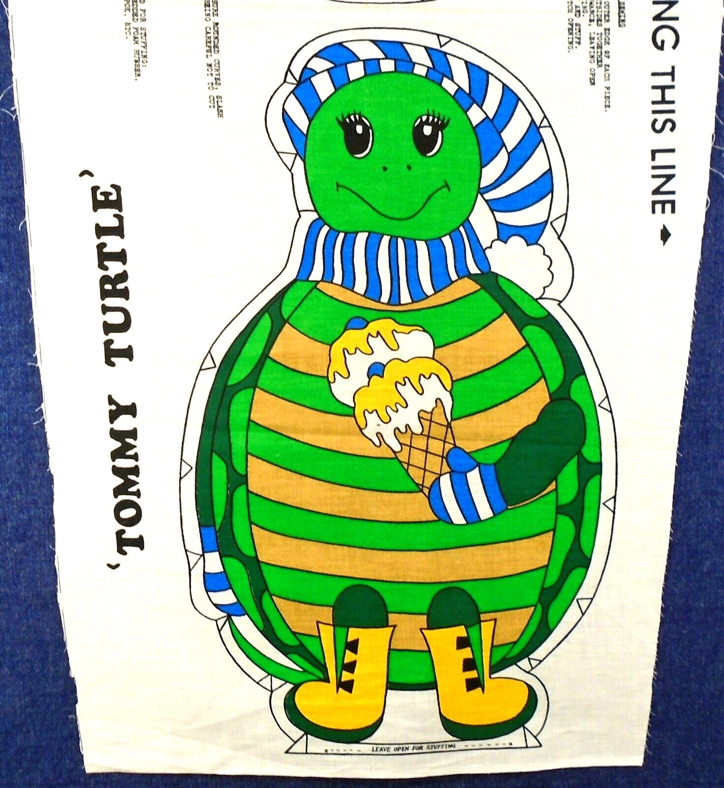 Vintage Tommy Turtle Ice Cream Pillow Toy Doll Cotton Fabric Panel 36x15\