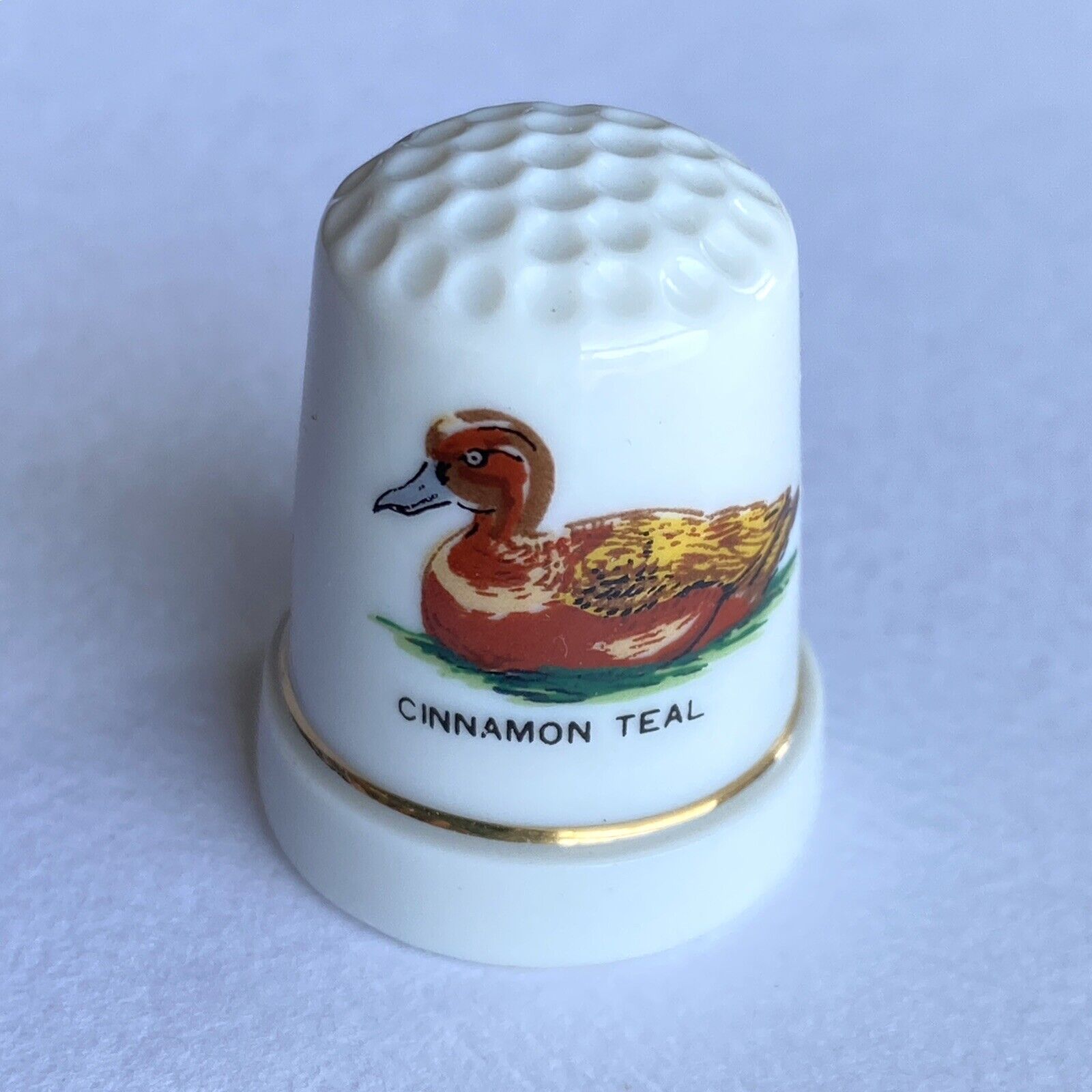 Vintage Cinnamon Teal Duck Porcelain Bisque Bone China Thimble Gold Rim 1”