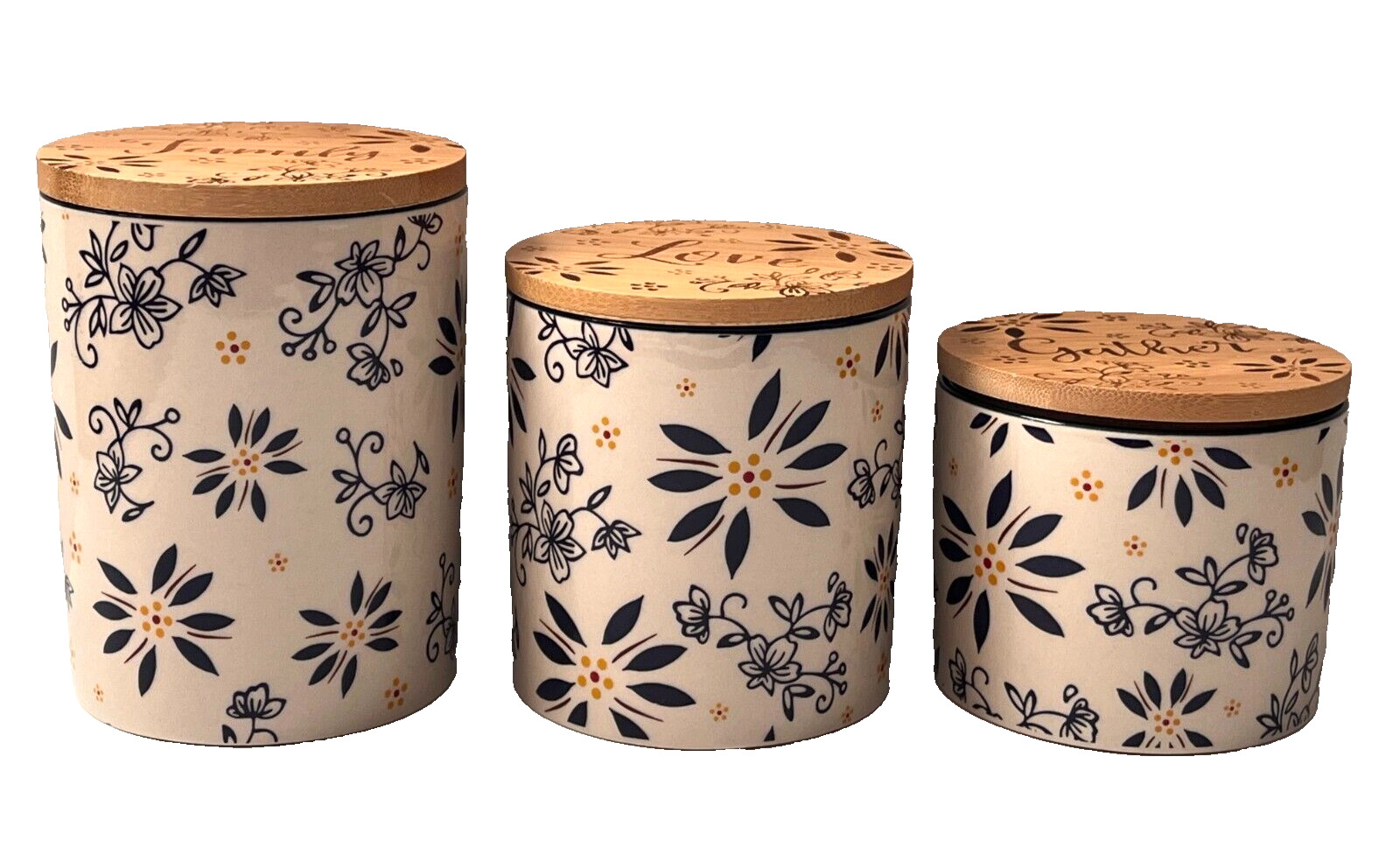 Set of 3 Temp-tations by Tara Old World Pattern Ceramic Canisters w/ Bamboo Lids