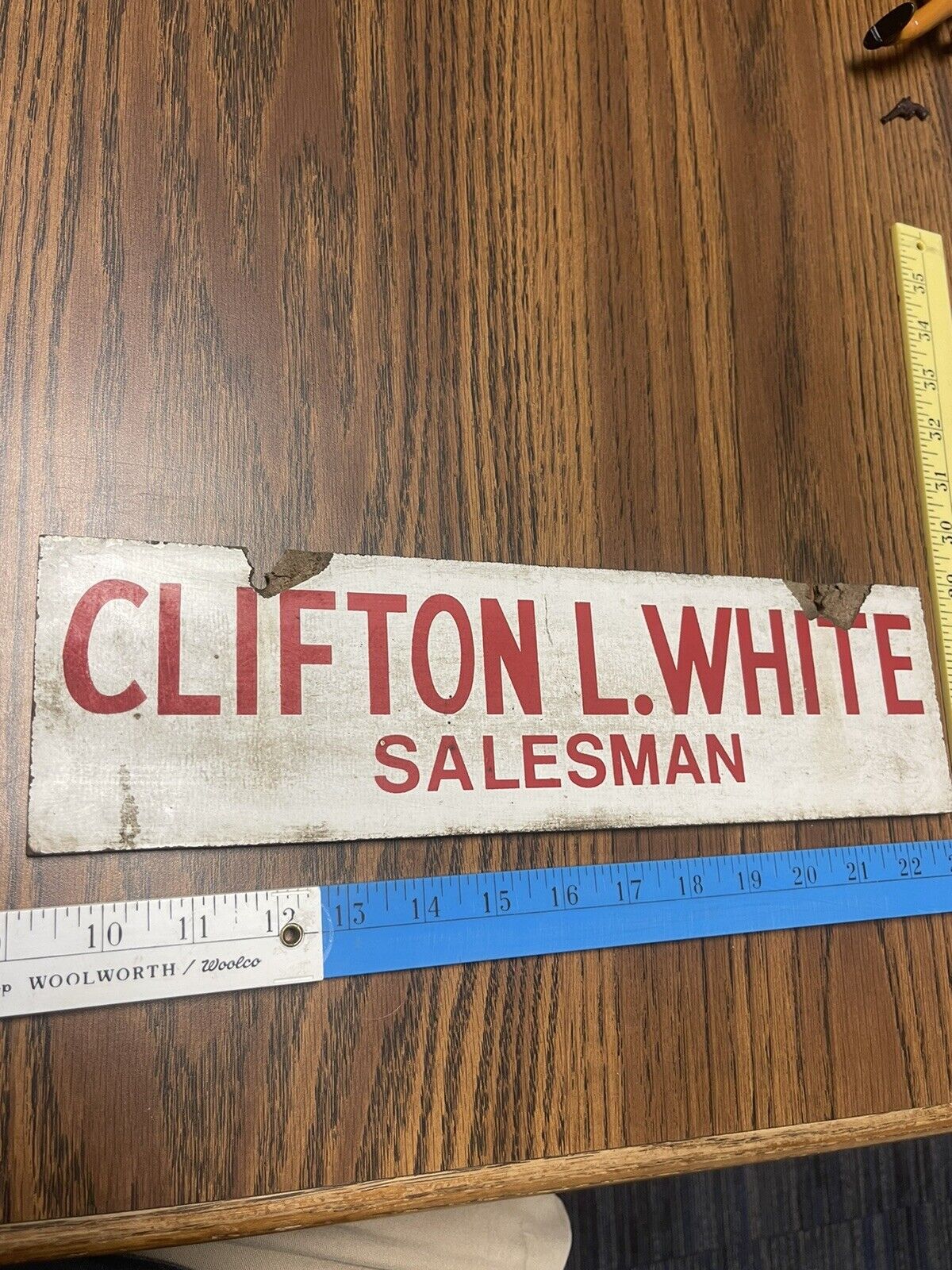 Masonite Sign Old Vintage Clifton L. White Salesman Double-Sided
